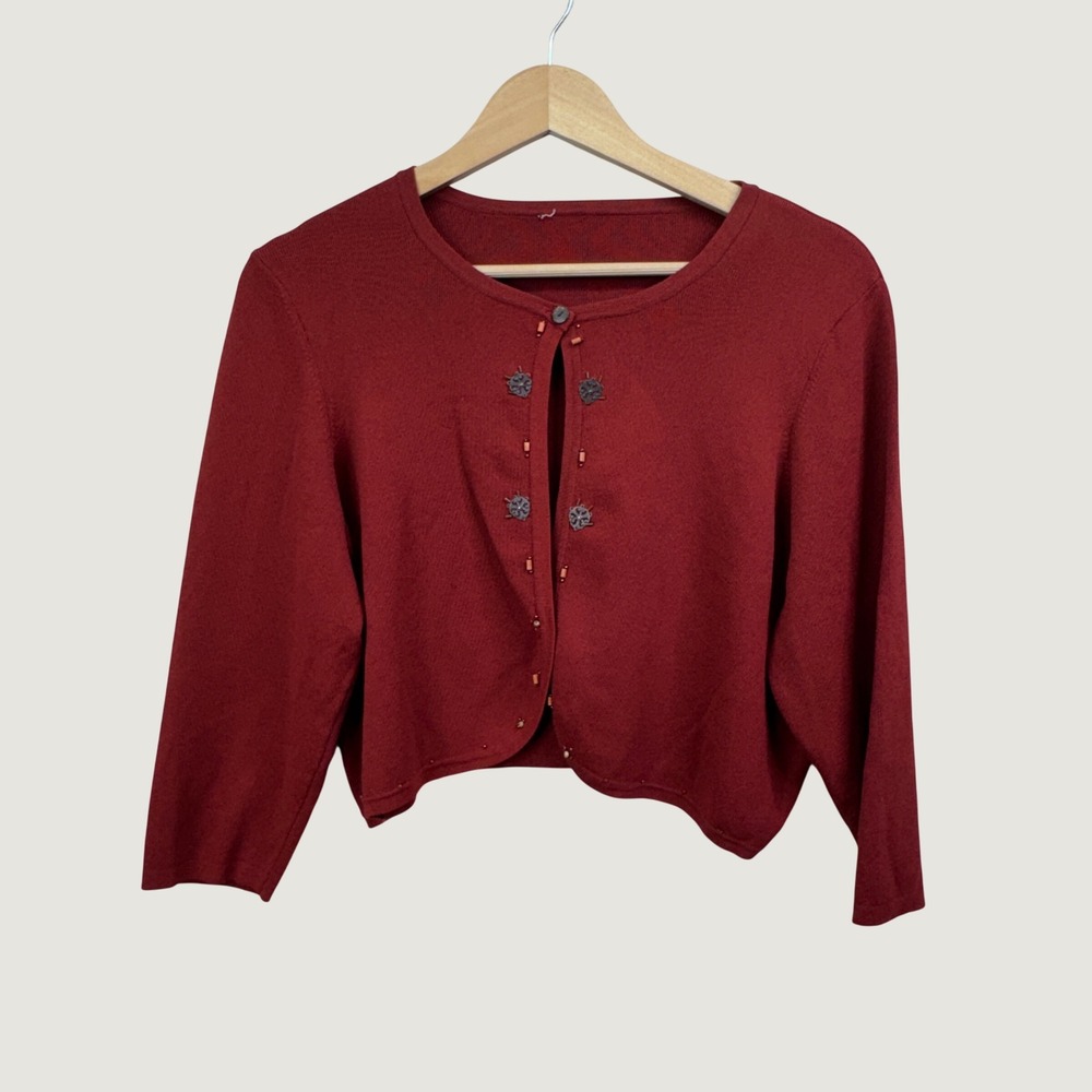Unbranded Beaded Cropped Cardigan Sweater Red Boho Whimsygoth Shrug S/M